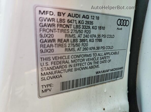 WA1AVAF14KD020463 2019 AUDI Q8 Белый Панорамный вид салона 360°