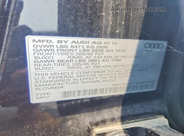 WA1AVAF14KD028725 2019 AUDI Q8 Black Vista de la etiqueta del VIN