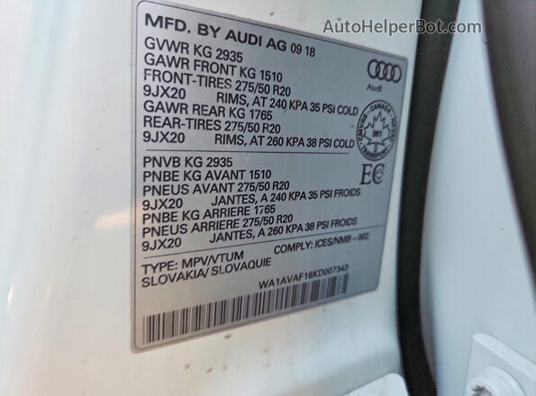 WA1AVAF16KD007343 2019 AUDI Q8 White Widok wnętrza 360 stopni