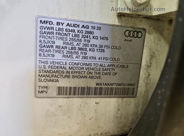 WA1AXAF72MD016963 2021 AUDI Q7 White VIN კოდის სტიკერის ხედი