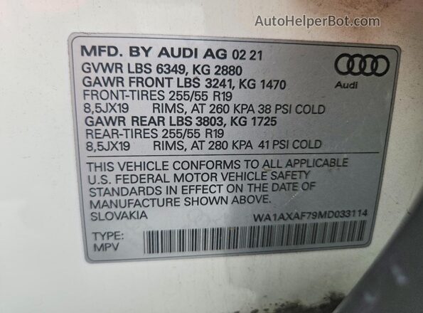 WA1AXAF79MD033114 2021 AUDI Q7 White 360 interior view