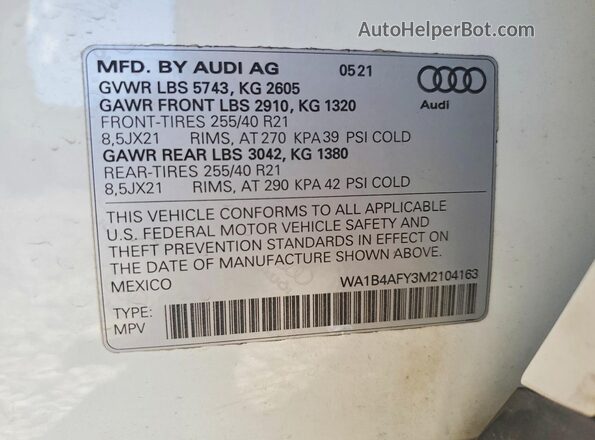 WA1B4AFY3M2104163 2021 AUDI SQ5 White სალონის 360-გრადუსიანი ხედი