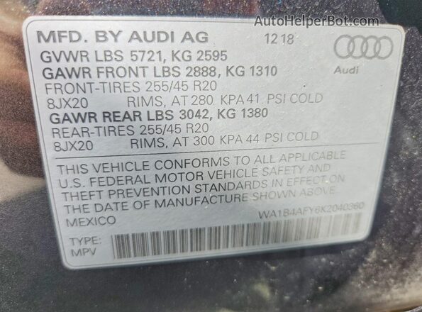 WA1B4AFY6K2040360 2019 AUDI SQ5 Серебряный Вид наклейки с VIN-кодом
