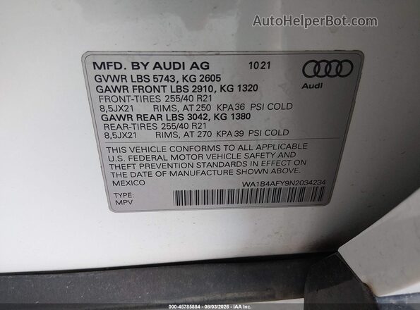 WA1B4AFY9N2034234 2022 AUDI SQ5 White Շարժիչի բաժամունքի տեսք