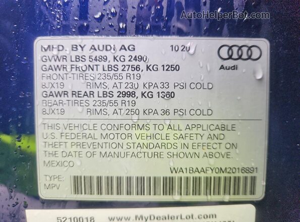 WA1BAAFY0M2016891 2021 AUDI Q5 Blue Widok wnętrza 360 stopni