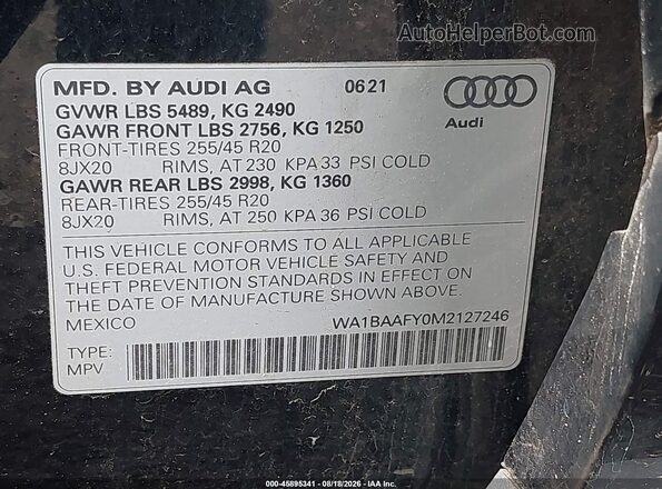 WA1BAAFY0M2127246 2021 AUDI Q5 Black Widok komory silnika