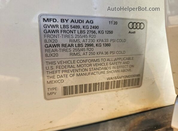 WA1BAAFY2M2030985 2021 AUDI Q5 White Widok wnętrza 360 stopni