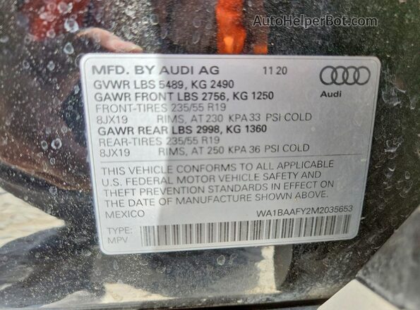 WA1BAAFY2M2035653 2021 AUDI Q5 Black Vista de la etiqueta del VIN