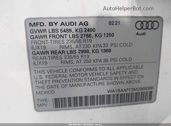WA1BAAFY3M2065096 2021 AUDI Q5 Белый Вид подкапотного пространства