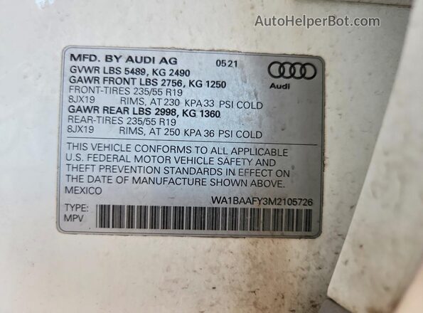 WA1BAAFY3M2105726 2021 AUDI Q5 White Widok naklejki z numerem VIN