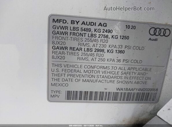 WA1BAAFY4M2020958 2021 AUDI Q5 White Vista del compartimento del motor