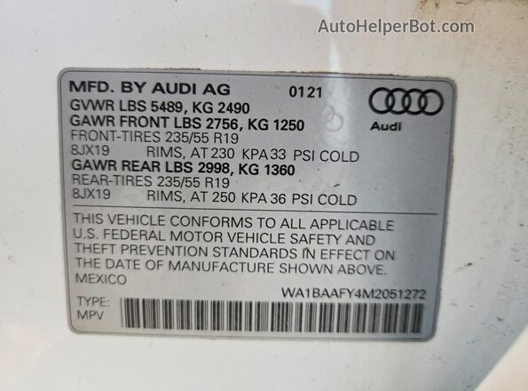 WA1BAAFY4M2051272 2021 AUDI Q5 White Vista de la etiqueta del VIN