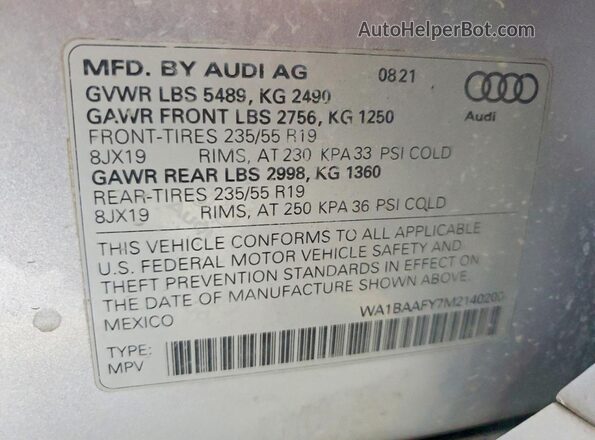 WA1BAAFY7M2140205 2021 AUDI Q5 Silver Widok naklejki z numerem VIN