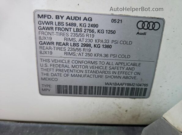 WA1BAAFY8M2104765 2021 AUDI Q5 White Vista de la etiqueta del VIN
