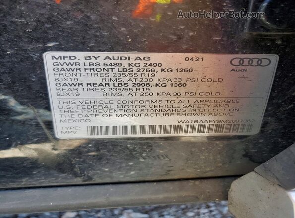 WA1BAAFY9M2087362 2021 AUDI Q5 Black VIN sticker view