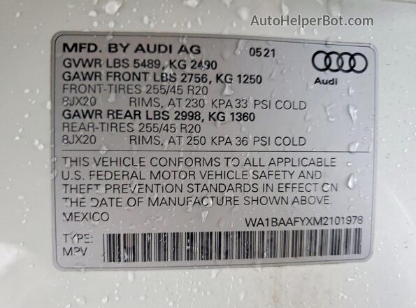 WA1BAAFYXM2101978 2021 AUDI Q5 White Սալոնի 360 աստիճան տեսք