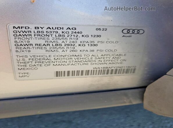 WA1BBAFY2N2118272 2022 AUDI Q5 Silver 360 interior view