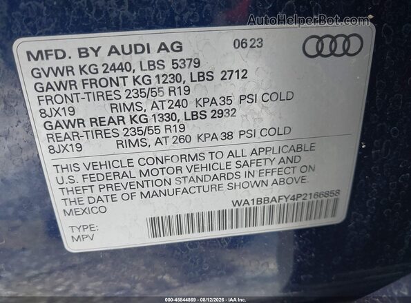 WA1BBAFY4P2166858 2023 AUDI Q5 Blue Widok komory silnika
