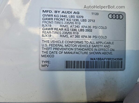 WA1BBAFY8R2043566 2024 AUDI Q5 White Vista de la etiqueta del VIN
