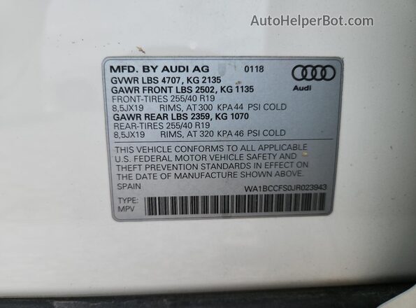 WA1BCCFS0JR023943 2018 AUDI Q3 White Widok naklejki z numerem VIN