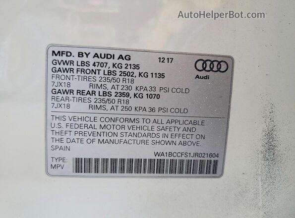 WA1BCCFS1JR021604 2018 AUDI Q3 White Вид наклейки з VIN-кодом