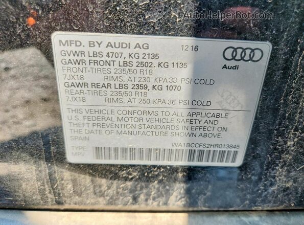 WA1BCCFS2HR013845 2017 AUDI Q3 Black VIN კოდის სტიკერის ხედი