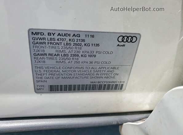 WA1BCCFS3HR011313 2017 AUDI Q3 Белый Вид наклейки с VIN-кодом