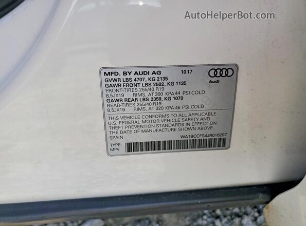 WA1BCCFS4JR016297 2018 AUDI Q3 White Вид наклейки з VIN-кодом