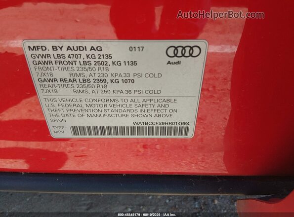 WA1BCCFS9HR014684 2017 AUDI Q3 Red Vista del compartimento del motor