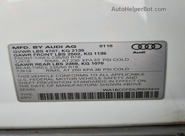 WA1BCCFSXJR023433 2018 AUDI Q3 White VIN կոդի պիտակի տեսք