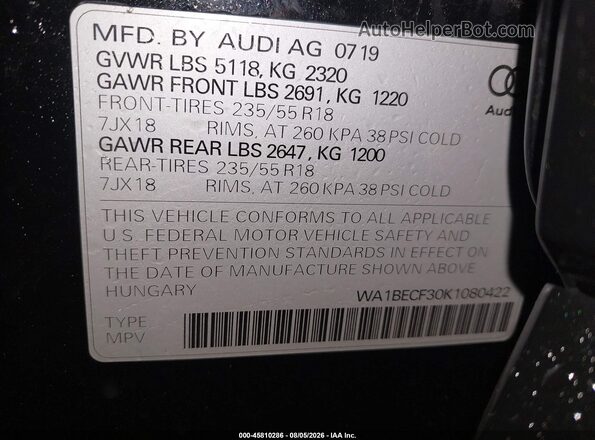 WA1BECF30K1080422 2019 AUDI Q3 Black Вид підкапотного простору