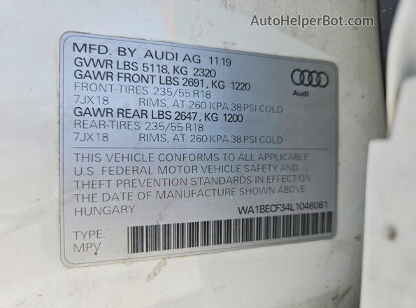 WA1BECF34L1046081 2020 AUDI Q3 White Вид наклейки з VIN-кодом