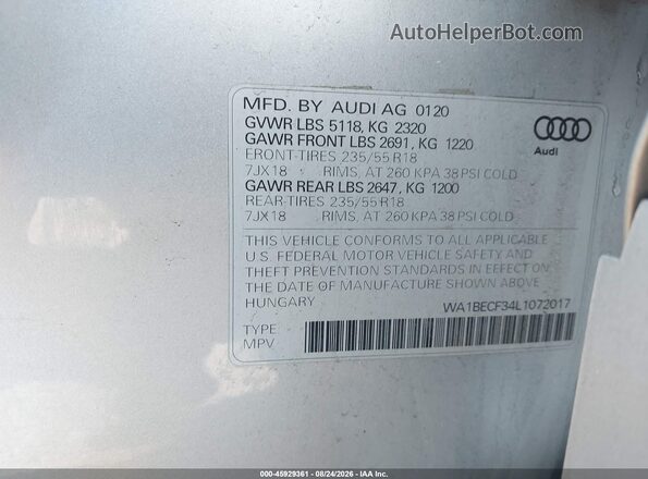 WA1BECF34L1072017 2020 AUDI Q3 Silver Շարժիչի բաժամունքի տեսք