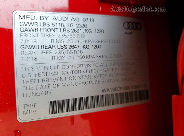 WA1BECF35K1085115 2019 AUDI Q3 Red VIN sticker view