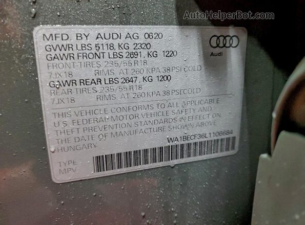 WA1BECF36L1106684 2020 AUDI Q3 Gray Widok naklejki z numerem VIN