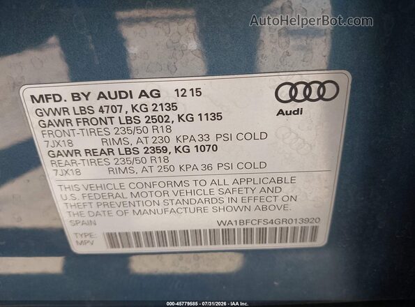 WA1BFCFS4GR013920 2016 AUDI Q3 Blue Շարժիչի բաժամունքի տեսք