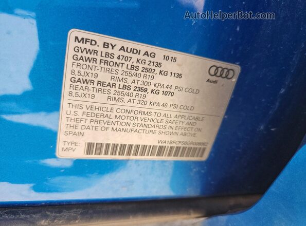 WA1BFCFS6GR008962 2016 AUDI Q3 Blue VIN կոդի պիտակի տեսք