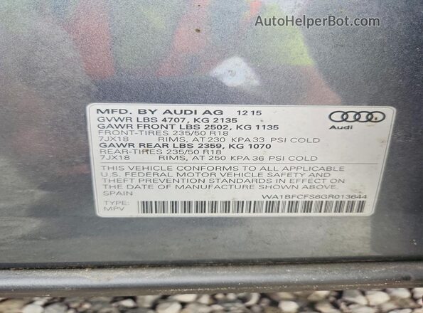 WA1BFCFS6GR013644 2016 AUDI Q3 Серый Вид наклейки с VIN-кодом