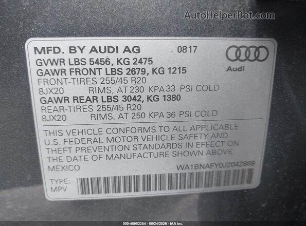 WA1BNAFY0J2042889 2018 AUDI Q5 Серый Вид подкапотного пространства