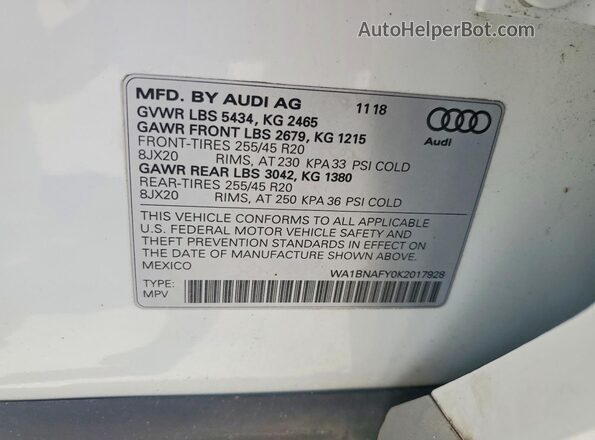 WA1BNAFY0K2017928 2019 AUDI Q5 White VIN sticker view