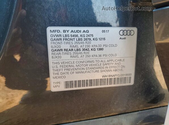 WA1BNAFY2J2018593 2018 AUDI Q5 Gray Widok naklejki z numerem VIN