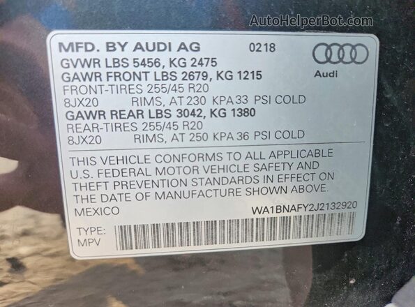 WA1BNAFY2J2132920 2018 AUDI Q5 Gray Вид наклейки з VIN-кодом