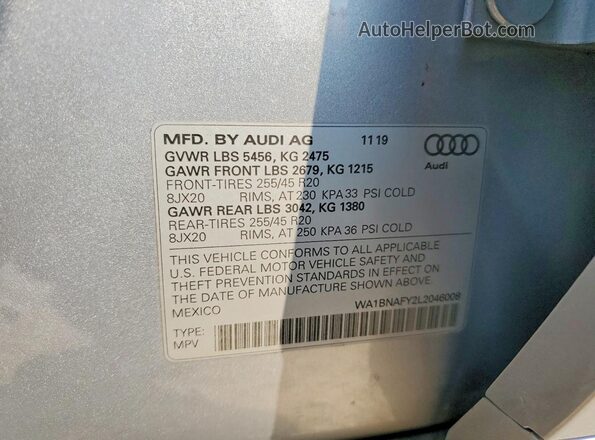 WA1BNAFY2L2046008 2020 AUDI Q5 Silver VIN կոդի պիտակի տեսք