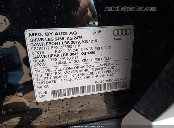 WA1BNAFY3J2214851 2018 AUDI Q5 Black Շարժիչի բաժամունքի տեսք