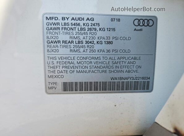 WA1BNAFY3J2216034 2018 AUDI Q5 Белый Панорамный вид салона 360°