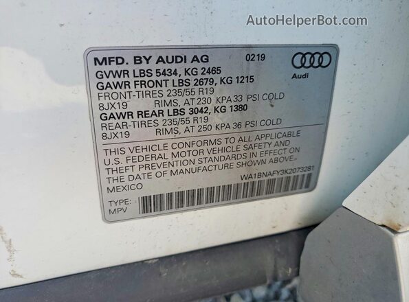 WA1BNAFY3K2073281 2019 AUDI Q5 White VIN კოდის სტიკერის ხედი
