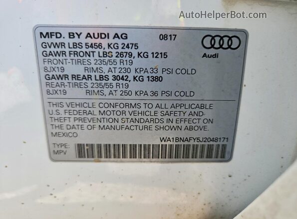 WA1BNAFY5J2048171 2018 AUDI Q5 White VIN კოდის სტიკერის ხედი