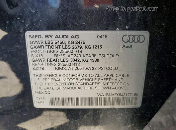 WA1BNAFY5J2177169 2018 AUDI Q5 Gray Вид наклейки з VIN-кодом