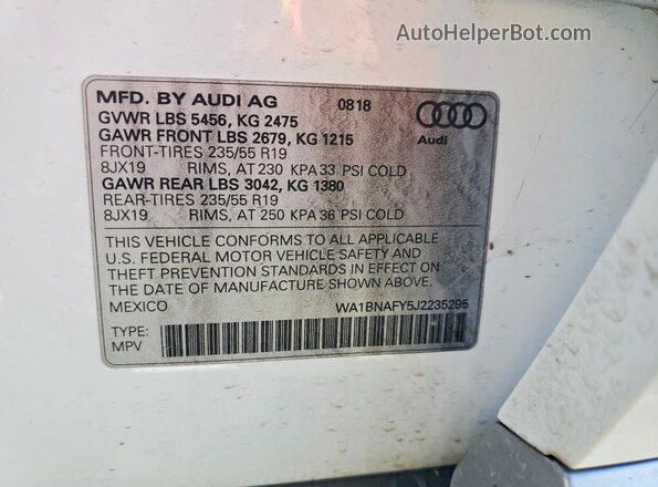 WA1BNAFY5J2235295 2018 AUDI Q5 Белый Панорамный вид салона 360°