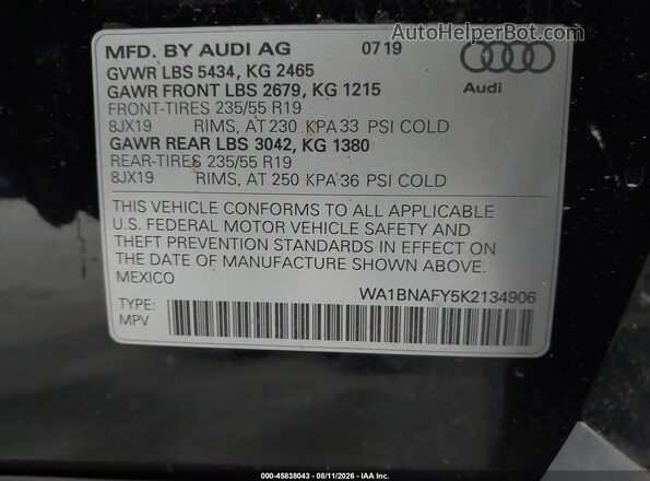 WA1BNAFY5K2134906 2019 AUDI Q5 Black Engine compartment view